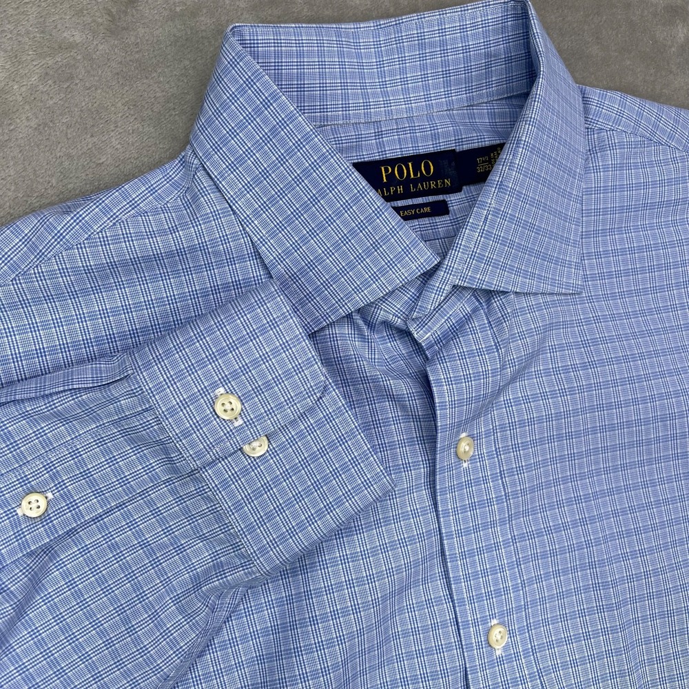 Polo Ralph Lauren Shirt Men 17.5 - 32/33 Blue Check Easy Care Preppy Long Sleeve